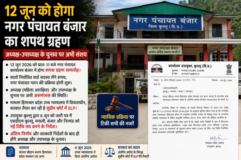 12 जून को होगा नगर पंचायत बंजार का शपथ ग्रहण, अध्यक्ष-उपाध्यक्ष के चुनाव पर अभी संशय।